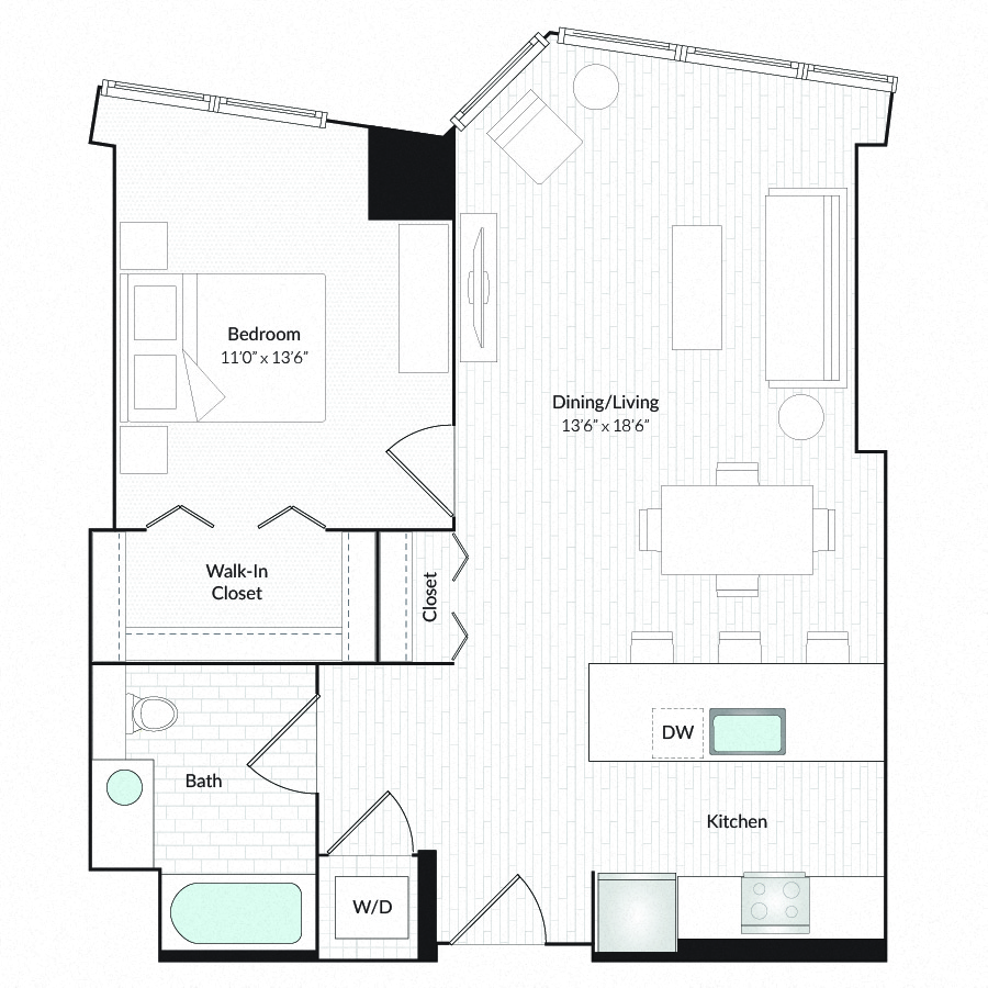 Floor plan for 1 bed, 1 bath, 797 sqft